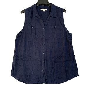 Studio Works Women's L Sleeveless Button Down Shirt Navy Blue Cotton Textured